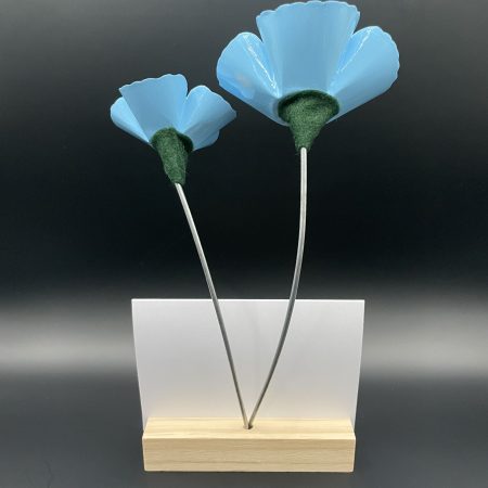 Hand crafted blue and yellow metal flowers with birthday card and stand