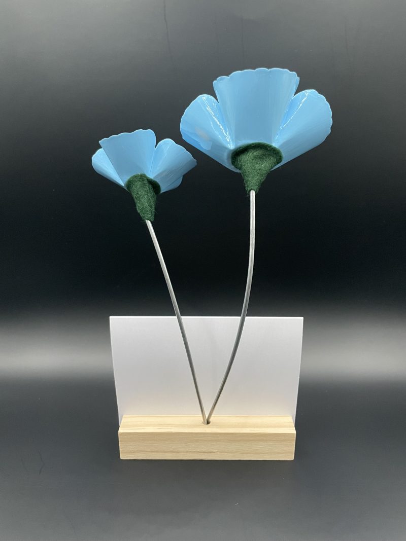 Hand crafted blue and yellow metal flowers with birthday card and stand