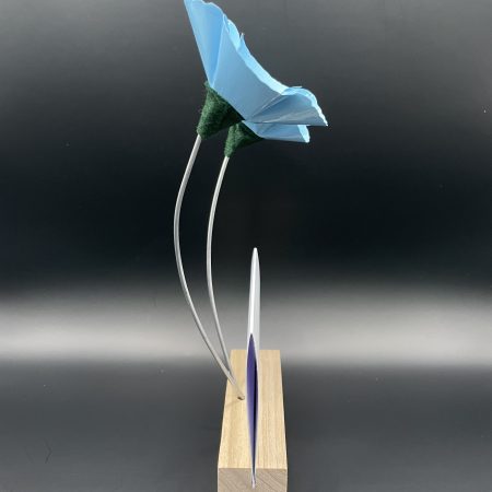 Hand crafted blue and yellow metal flowers with birthday card and stand