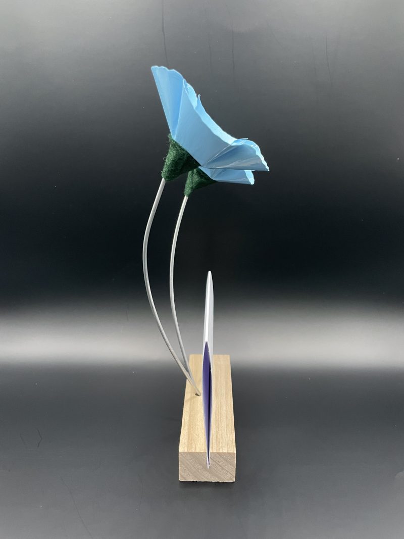 Hand crafted blue and yellow metal flowers with birthday card and stand