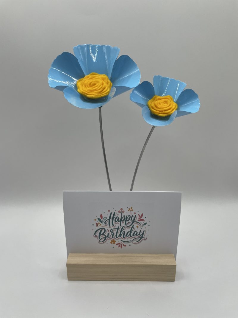Hand crafted blue and yellow metal flowers with birthday card and stand
