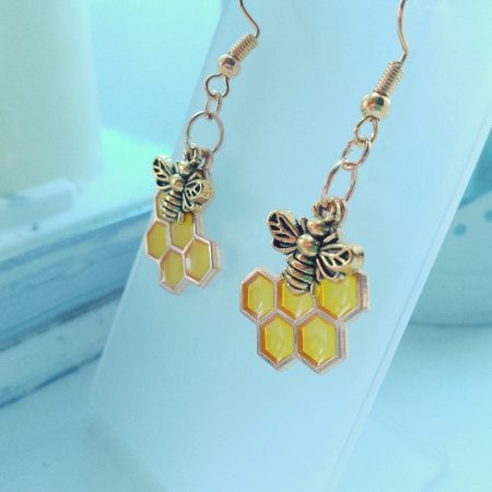 Bee and honeycomb dangle drop earrings