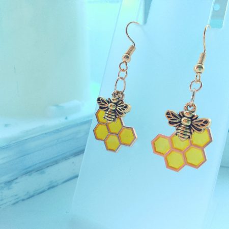 Bee and honeycomb dangle drop earrings