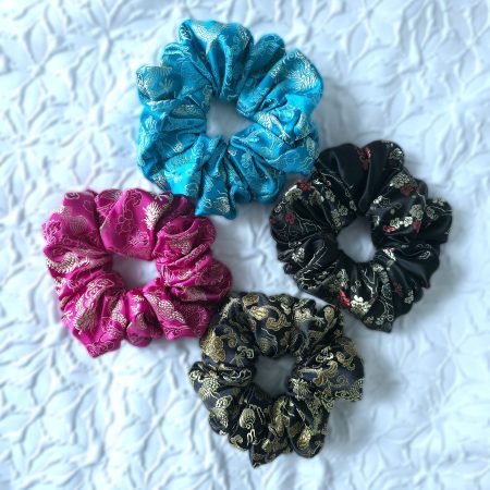 Chinese brocade embroidered satin large scrunchie