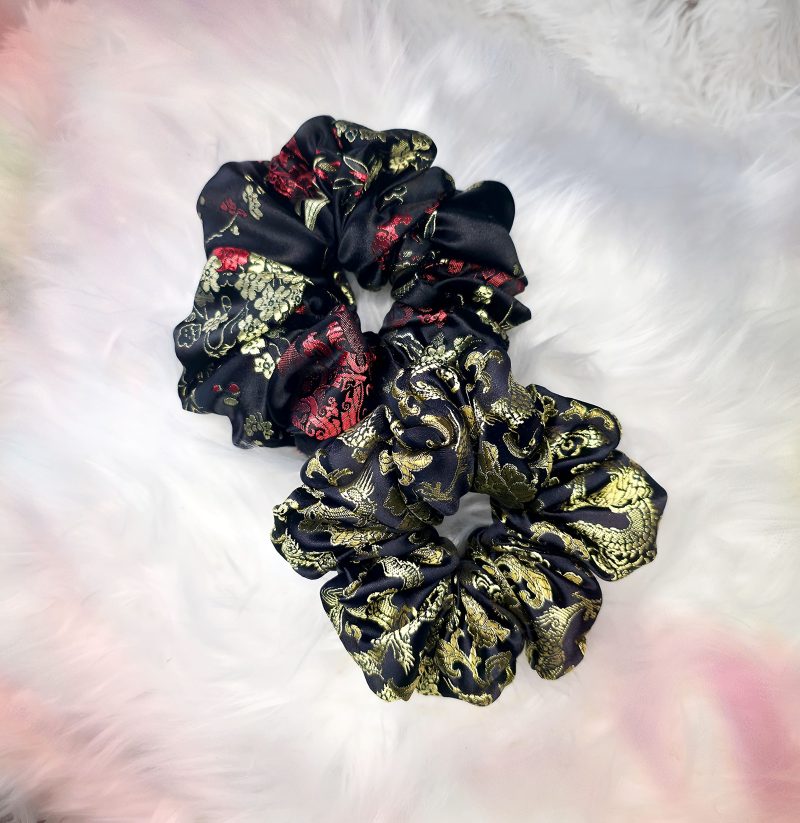 Chinese brocade embroidered satin large scrunchie