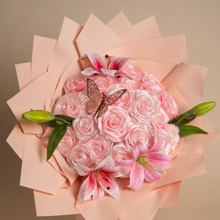Elegant Pink Satin Rose & Lily Bouquet