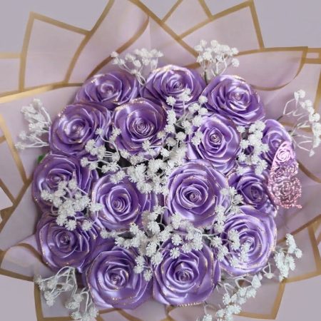 Purple Satin Rose & Baby's Breath Bouquet