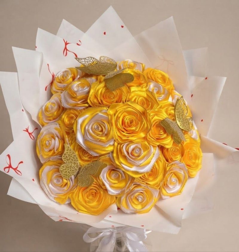 Radiant Yellow & White Satin Rose Bouquet
