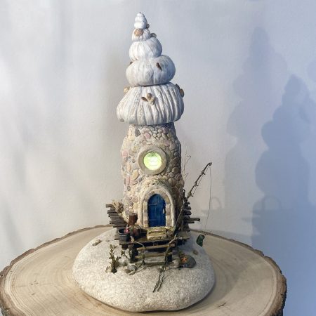 Illuminated Coastal Bottle House | Handmade Diorama from Antique Lemonade Bottle