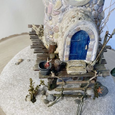 Illuminated Coastal Bottle House | Handmade Diorama from Antique Lemonade Bottle