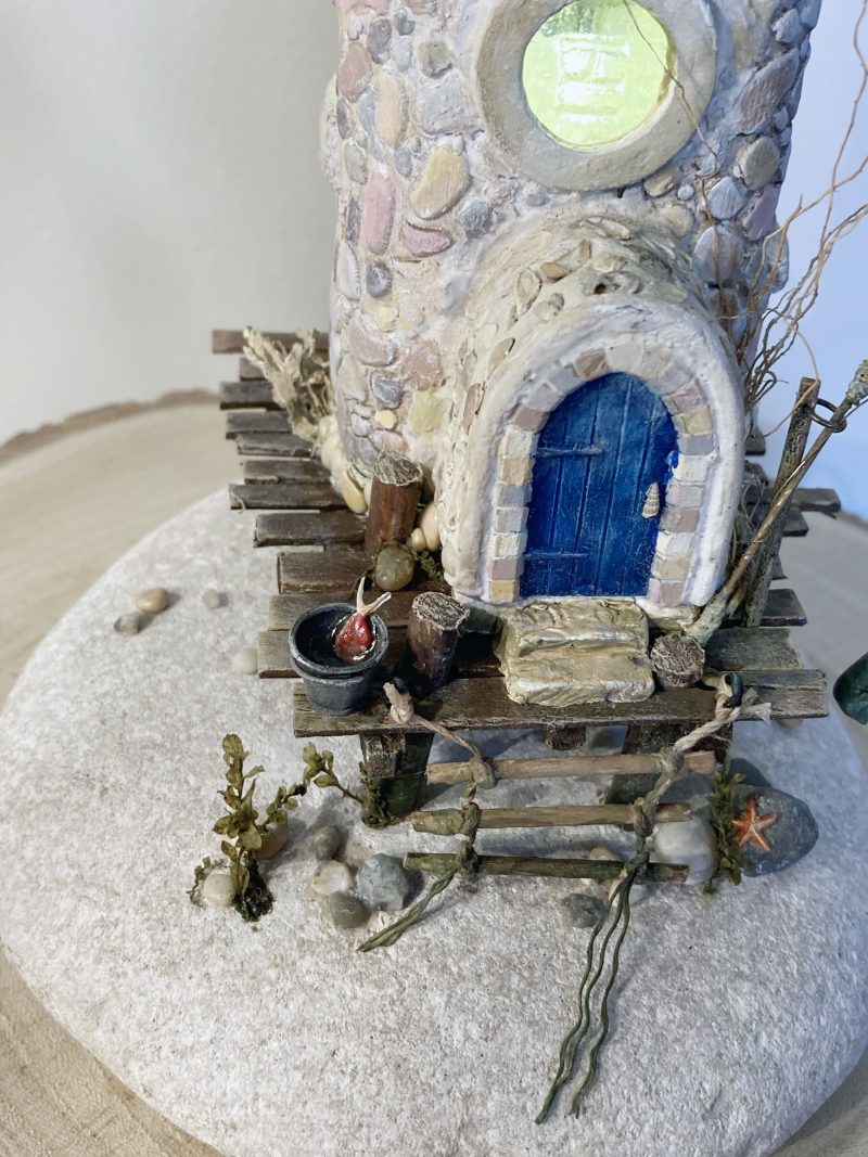 Illuminated Coastal Bottle House | Handmade Diorama from Antique Lemonade Bottle