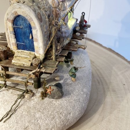 Illuminated Coastal Bottle House | Handmade Diorama from Antique Lemonade Bottle