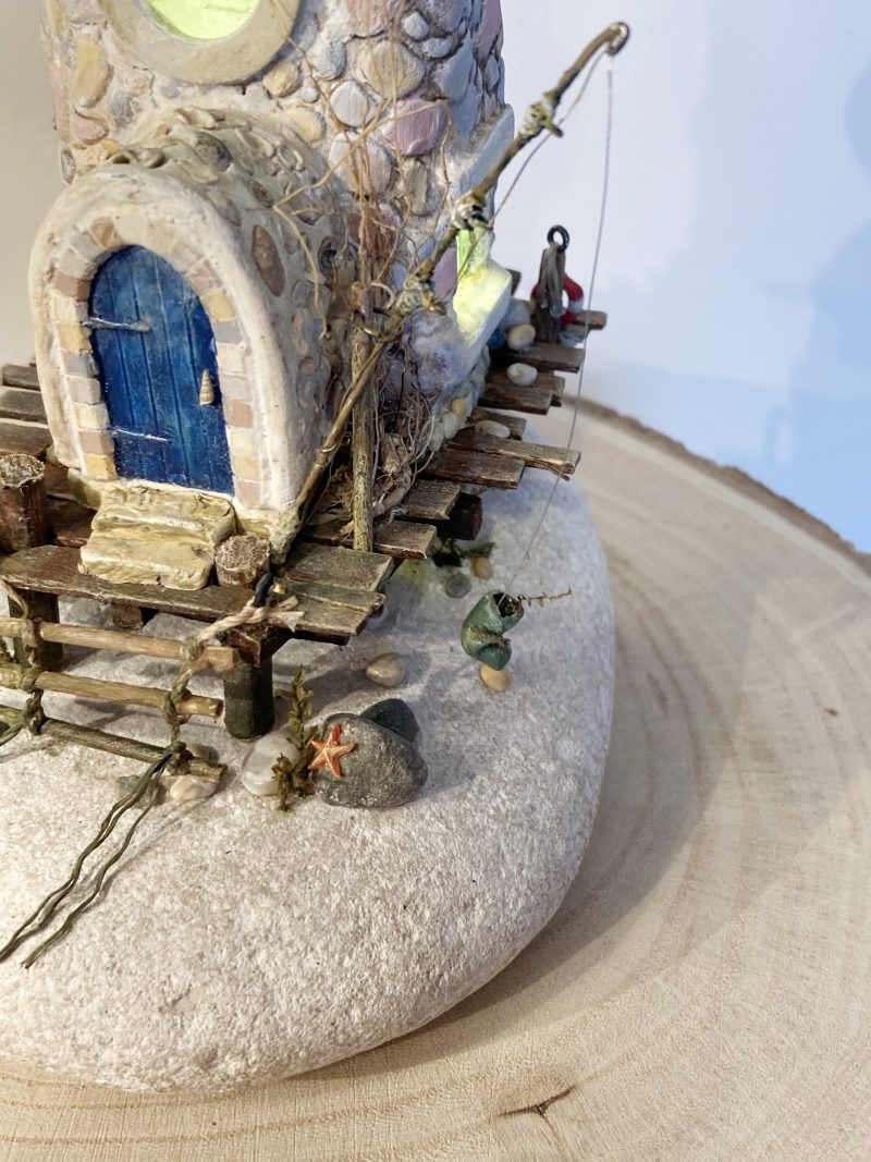 Illuminated Coastal Bottle House | Handmade Diorama from Antique Lemonade Bottle