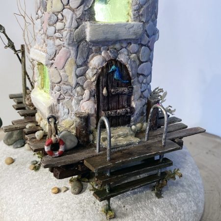 Illuminated Coastal Bottle House | Handmade Diorama from Antique Lemonade Bottle