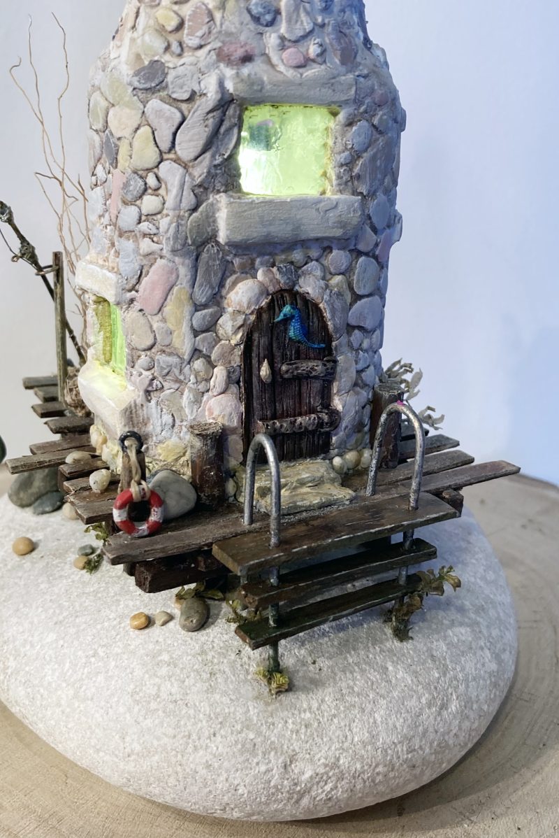 Illuminated Coastal Bottle House | Handmade Diorama from Antique Lemonade Bottle