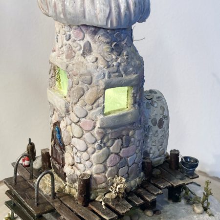 Illuminated Coastal Bottle House | Handmade Diorama from Antique Lemonade Bottle