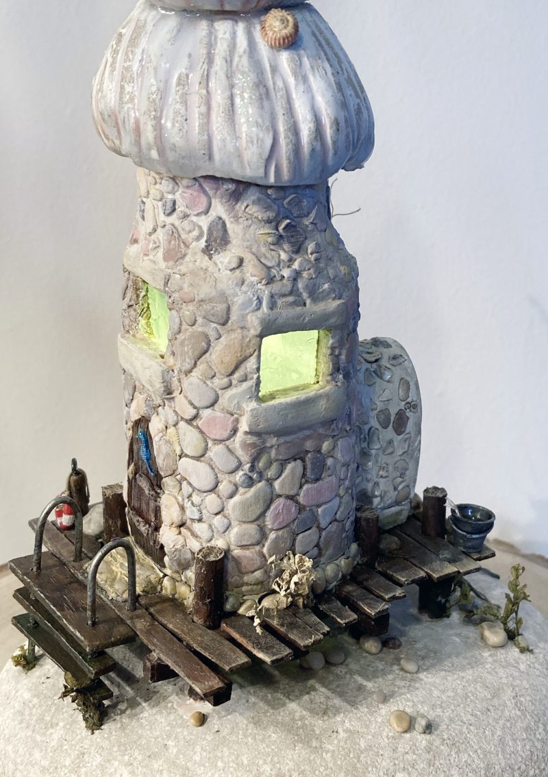 Illuminated Coastal Bottle House | Handmade Diorama from Antique Lemonade Bottle