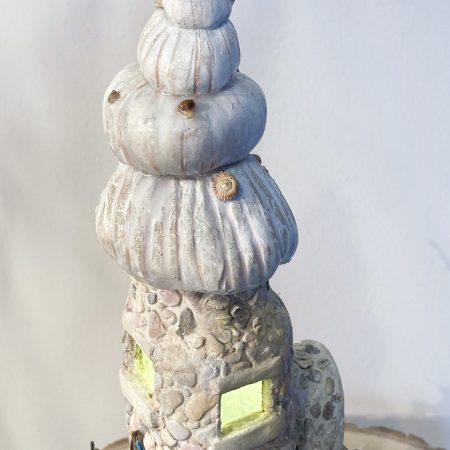 Illuminated Coastal Bottle House | Handmade Diorama from Antique Lemonade Bottle