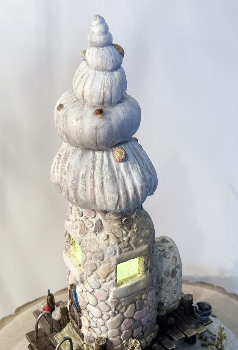 Illuminated Coastal Bottle House | Handmade Diorama from Antique Lemonade Bottle