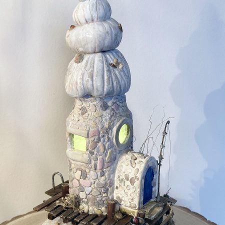 Illuminated Coastal Bottle House | Handmade Diorama from Antique Lemonade Bottle