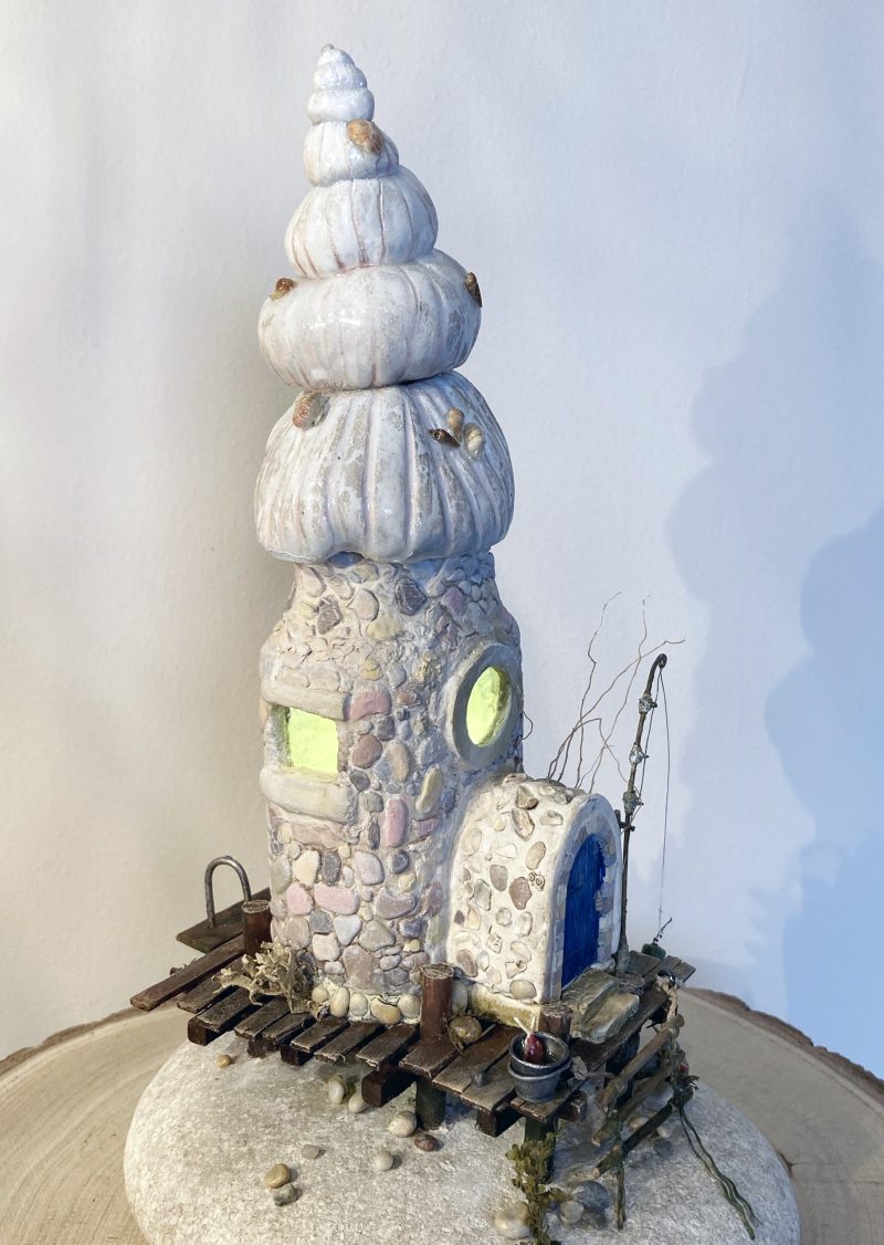 Illuminated Coastal Bottle House | Handmade Diorama from Antique Lemonade Bottle