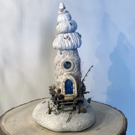 Illuminated Coastal Bottle House | Handmade Diorama from Antique Lemonade Bottle