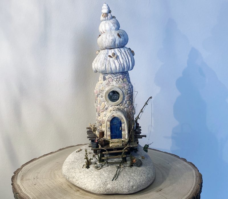 Illuminated Coastal Bottle House | Handmade Diorama from Antique Lemonade Bottle