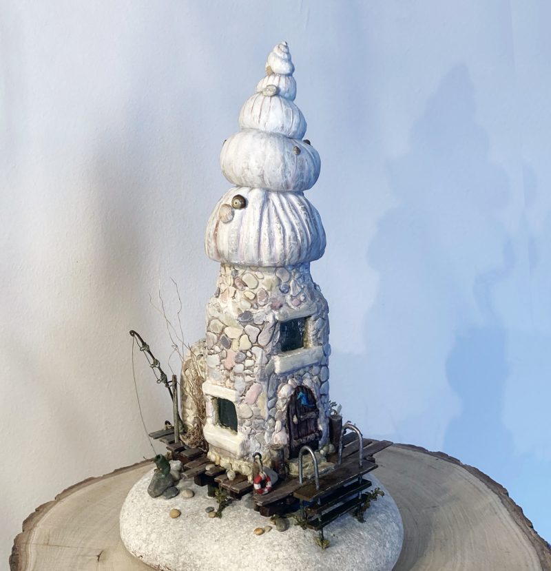 Illuminated Coastal Bottle House | Handmade Diorama from Antique Lemonade Bottle
