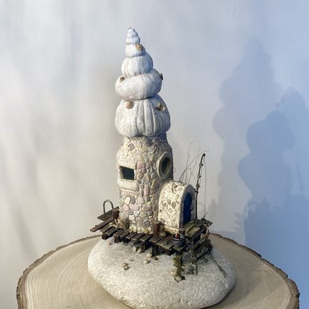 Illuminated Coastal Bottle House | Handmade Diorama from Antique Lemonade Bottle