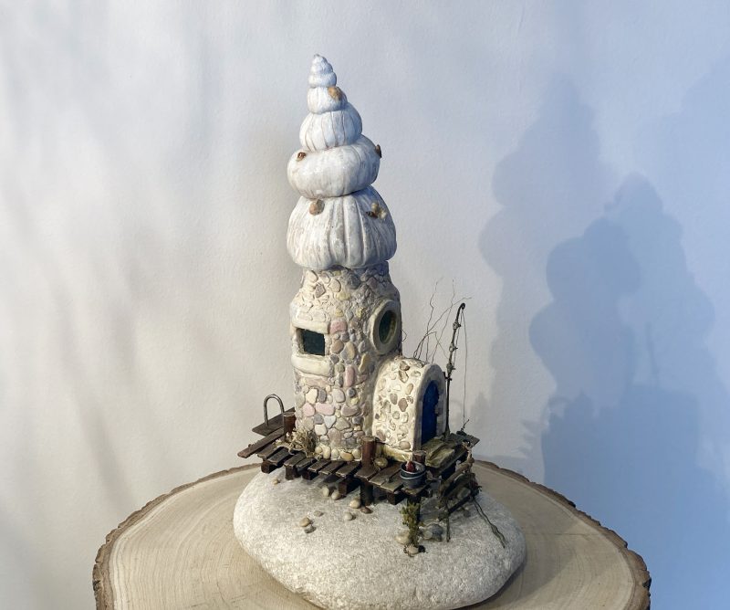 Illuminated Coastal Bottle House | Handmade Diorama from Antique Lemonade Bottle