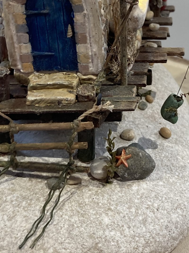 Illuminated Coastal Bottle House | Handmade Diorama from Antique Lemonade Bottle