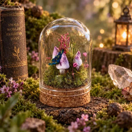 Miniature Fairy Mushroom Ring in Glass Cloche | Handmade Miniature Fairy Garden | Woodland Diorama