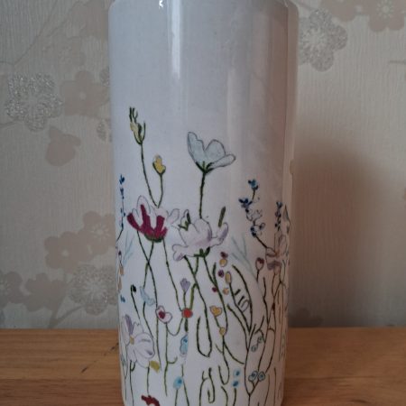 White Ceramic Vase with Hand-Drawn Floral Design Print