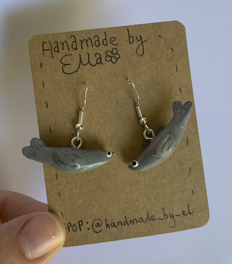 Hand-sculpted and painted clay seal earrings with silver tone stainless steel hooks