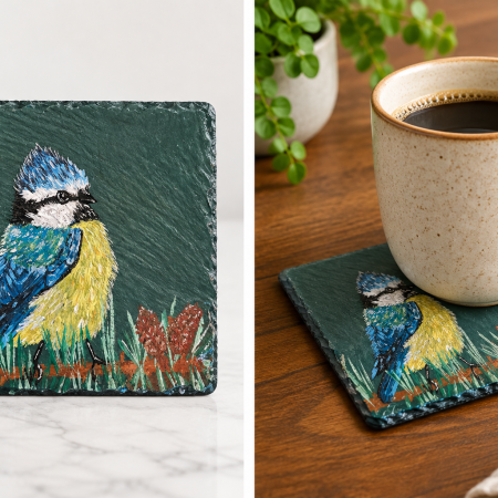 Hand-painted Blue Tit Slate Coaster