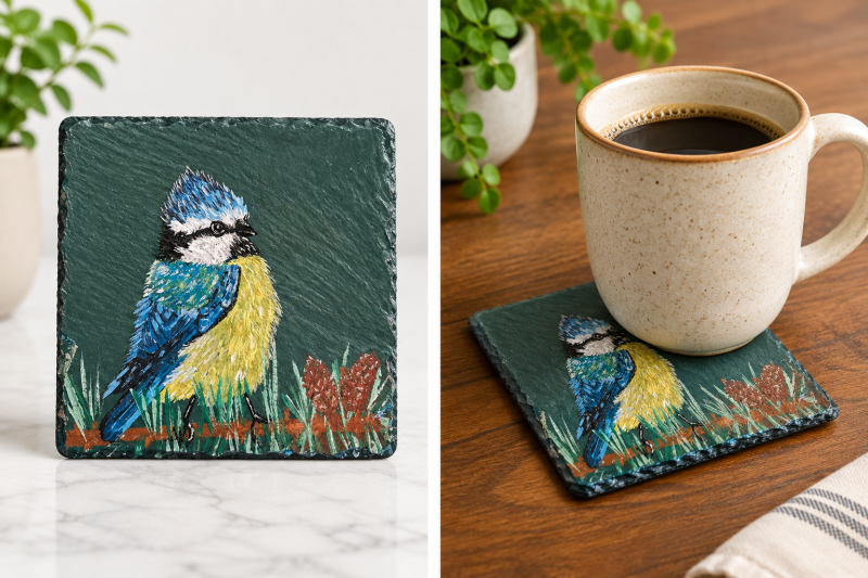 Hand-painted Blue Tit Slate Coaster