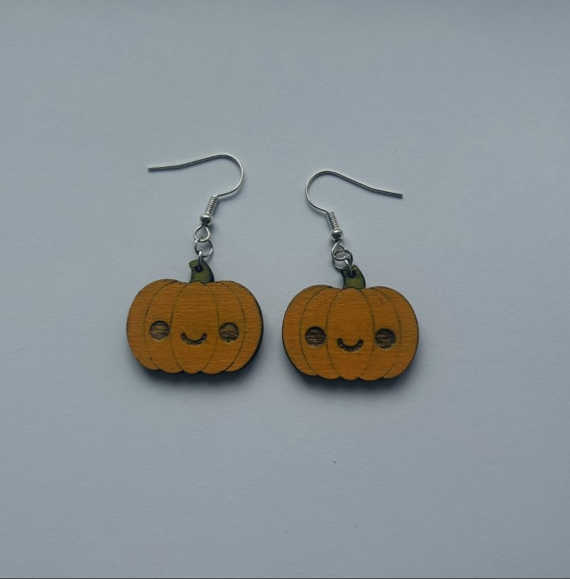 Handmade Halloween Smiley Lasercut Wooden Earrings: Bat and Pumpkin