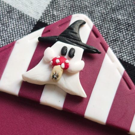 Polymer Clay Halloween Bookmark, Dark Purple-White, Ghost+Mushroom, Spooky Bookmark