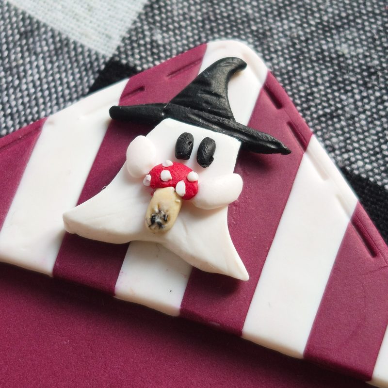 Polymer Clay Halloween Bookmark, Dark Purple-White, Ghost+Mushroom, Spooky Bookmark