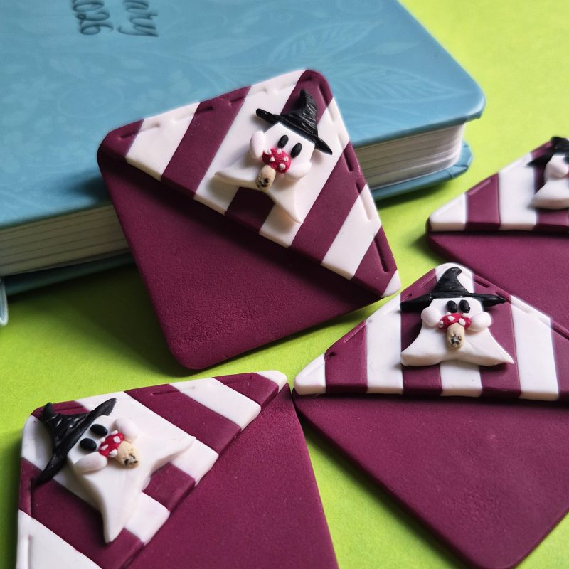 Polymer Clay Halloween Bookmark, Dark Purple-White, Ghost+Mushroom, Spooky Bookmark