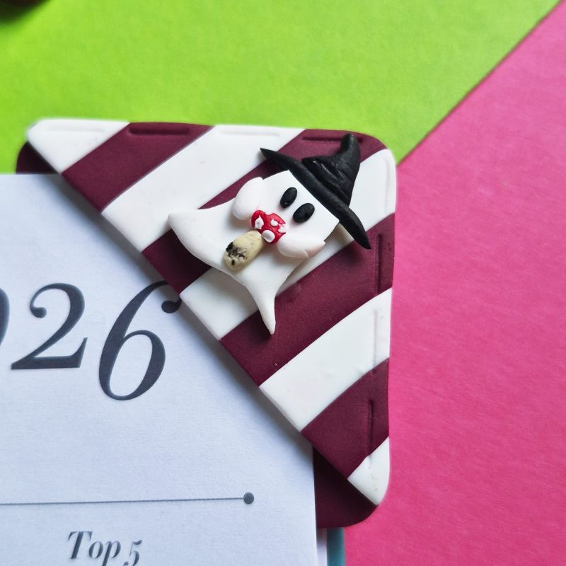 Polymer Clay Halloween Bookmark, Dark Purple-White, Ghost+Mushroom, Spooky Bookmark