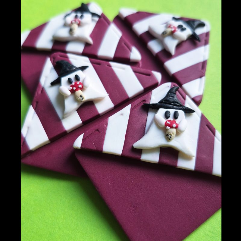 Polymer Clay Halloween Bookmark, Dark Purple-White, Ghost+Mushroom, Spooky Bookmark