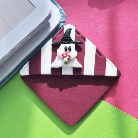 Polymer Clay Halloween Bookmark, Dark Purple-White, Ghost+Mushroom, Spooky Bookmark