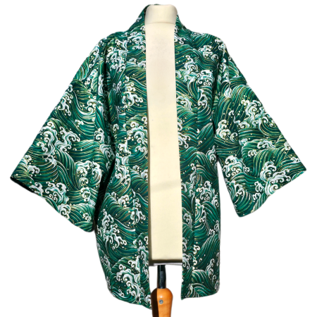 Green and gold japanese-style wave print cotton haori kimono jacket