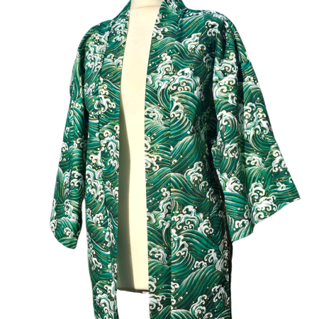 Green and gold japanese-style wave print cotton haori kimono jacket