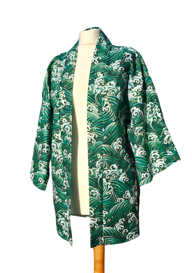 Green and gold japanese-style wave print cotton haori kimono jacket