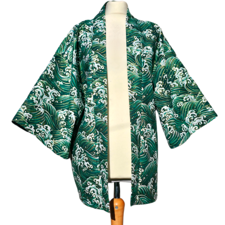 Green and gold japanese-style wave print cotton haori kimono jacket
