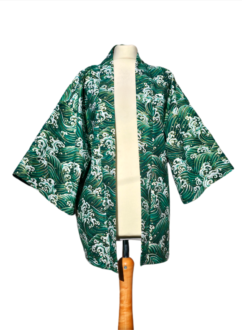 Green and gold japanese-style wave print cotton haori kimono jacket