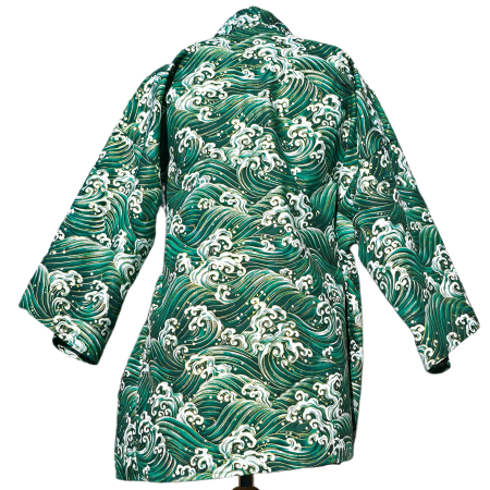 Green and gold japanese-style wave print cotton haori kimono jacket