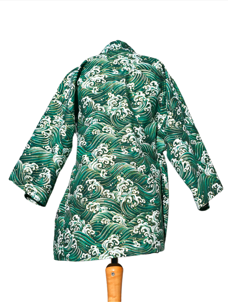 Green and gold japanese-style wave print cotton haori kimono jacket